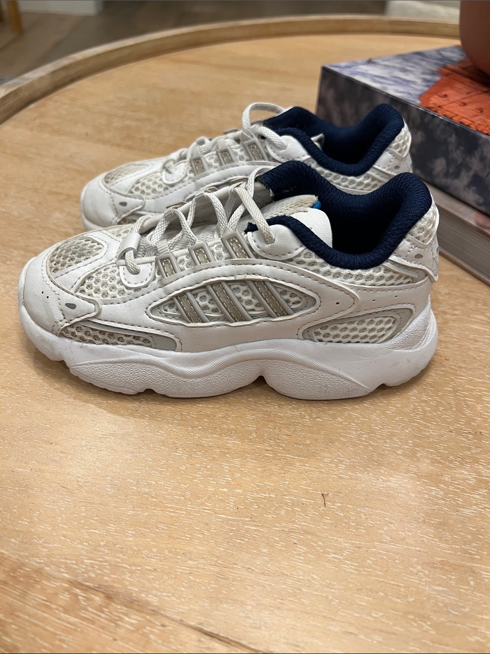 adidas White and Navy Kids Mesh Sneakers